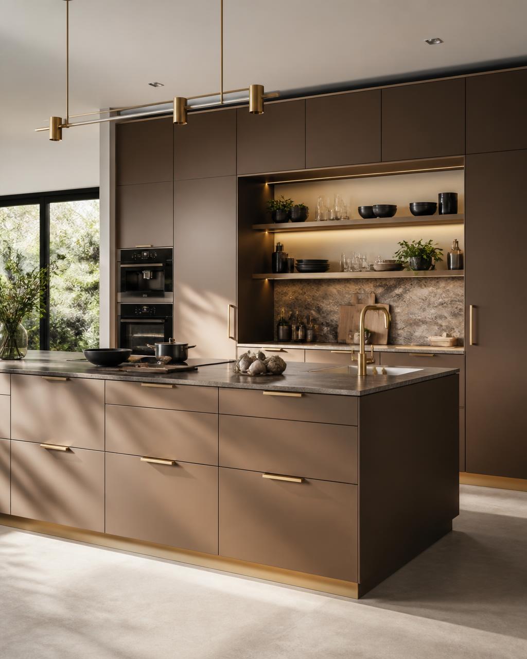 Luxury German-engineered modular kitchen with matte brown fronts and brass detailing