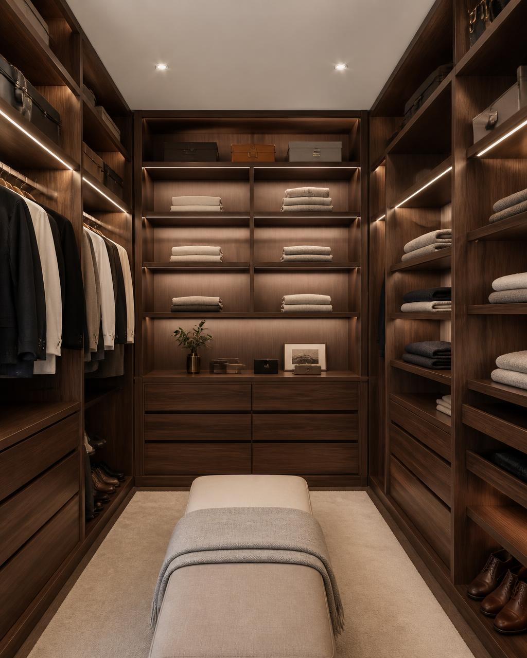 Bespoke walk-in wardrobe in walnut veneer with integrated lighting