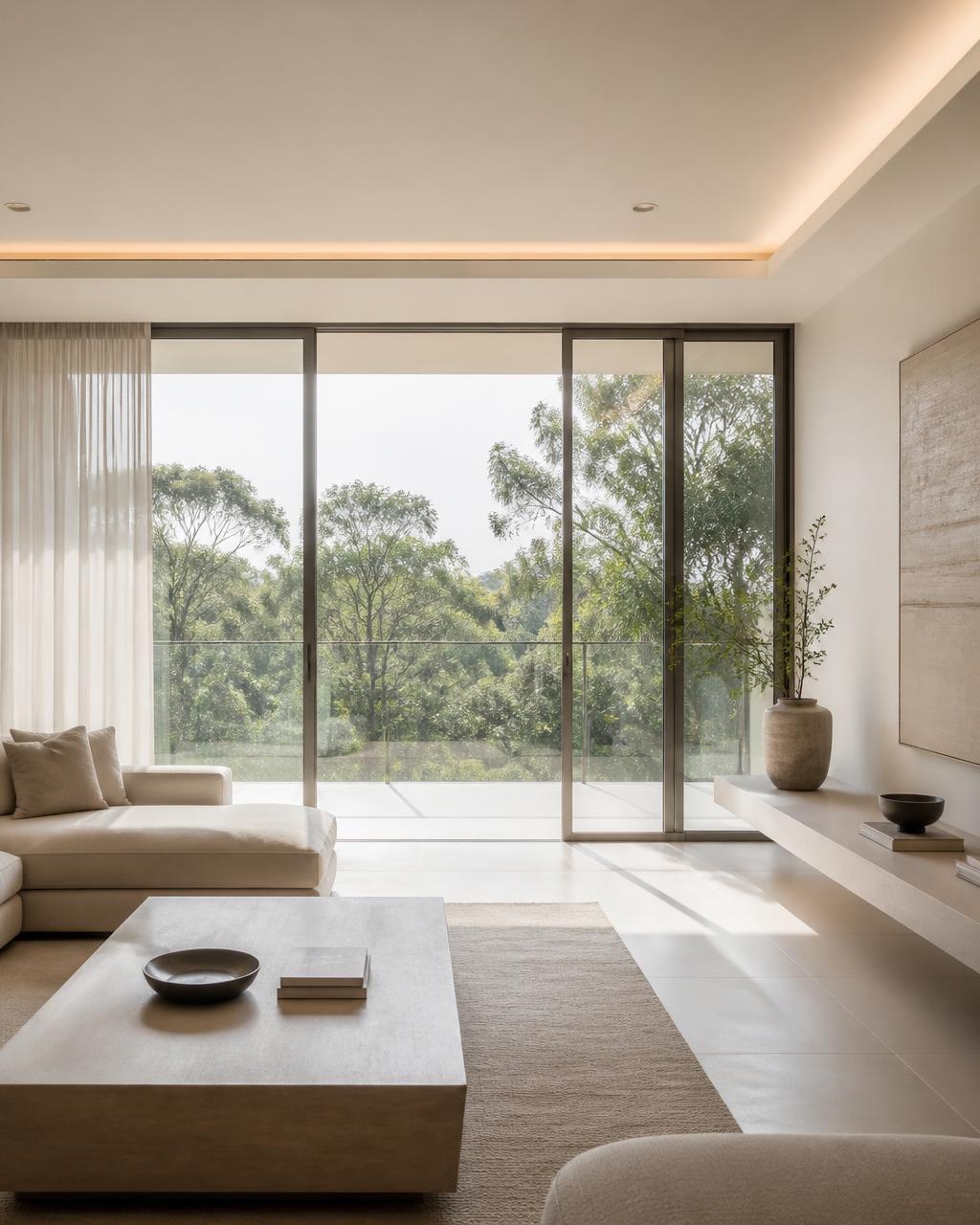 Slim-frame aluminium sliding doors opening a living room to greenery
