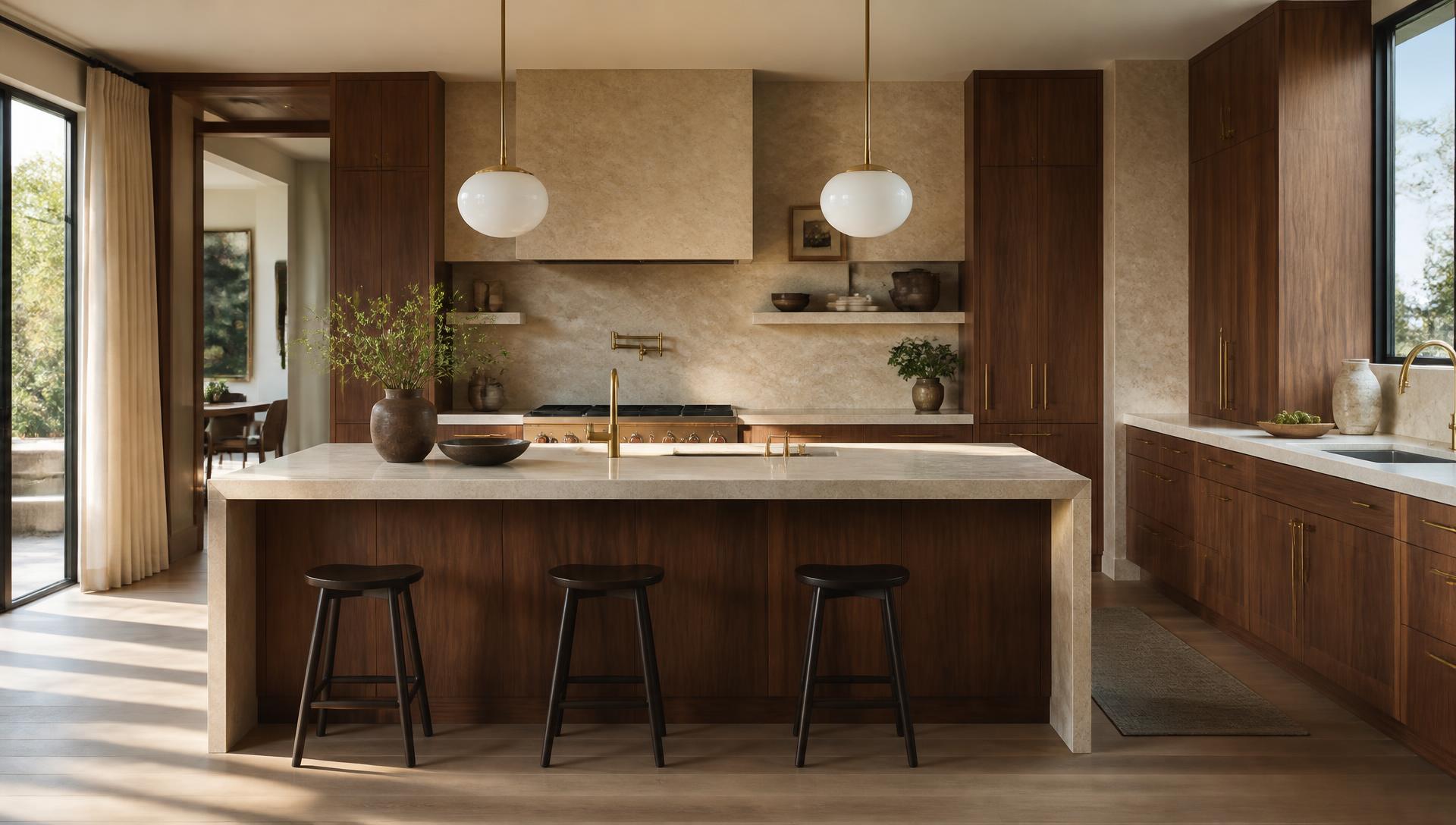 Luxury kitchen interior in warm walnut and cream stone